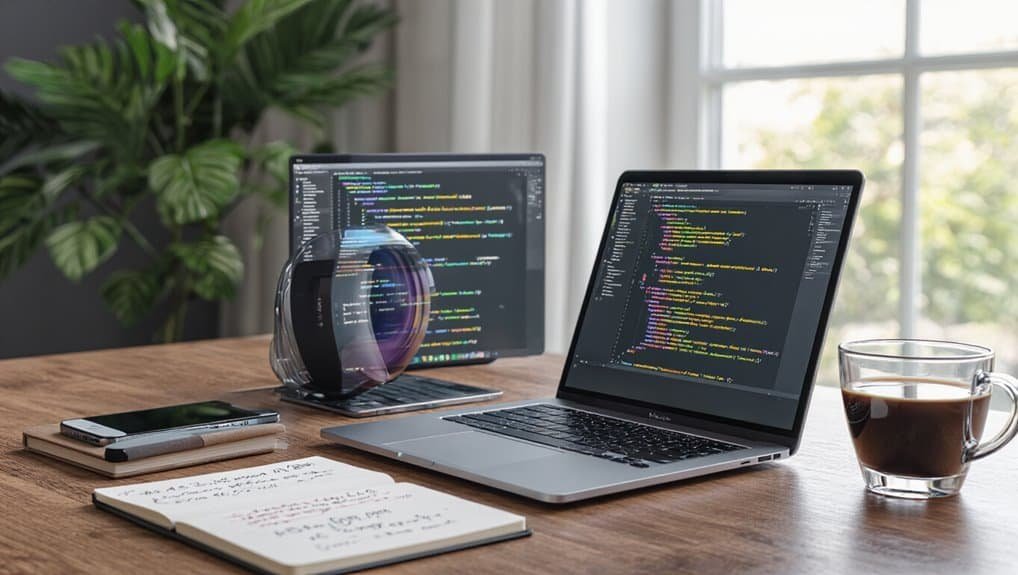 High-resolution image of a workspace with laptops displaying coding scripts, a cup of coffee, notebooks, and a modern background, showcasing essential tools for web development and programming professionals.