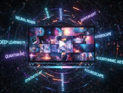 High-tech digital art showcasing AI-generated video content with neon labels like "Neural Render," "Quantum Edit," and "Deep Learning FX.".