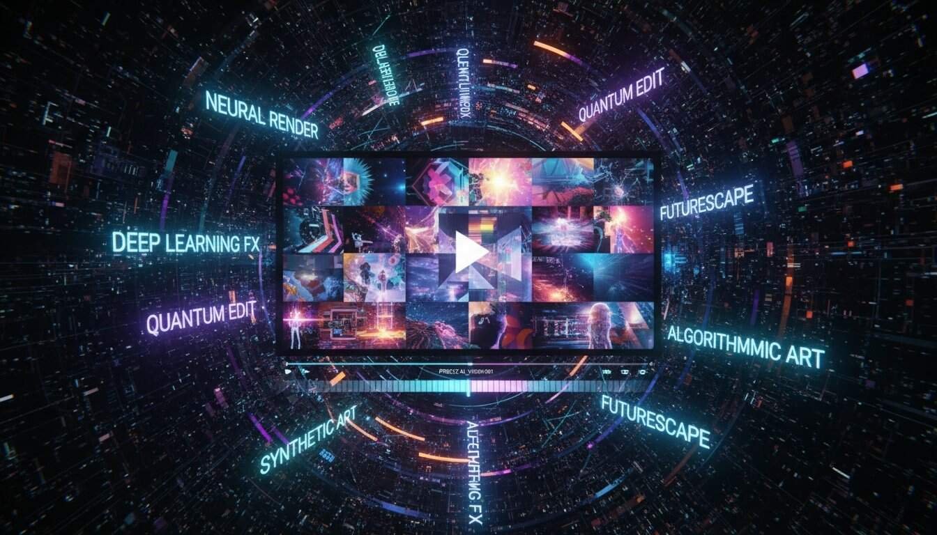 High-tech digital art showcasing AI-generated video content with neon labels like "Neural Render," "Quantum Edit," and "Deep Learning FX.".