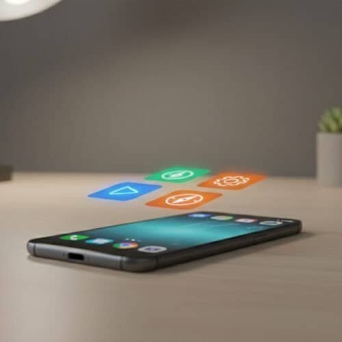 Designed to showcase mobile technology, app icons, and modern workspace environment, emphasizing mobile app development and digital tools.