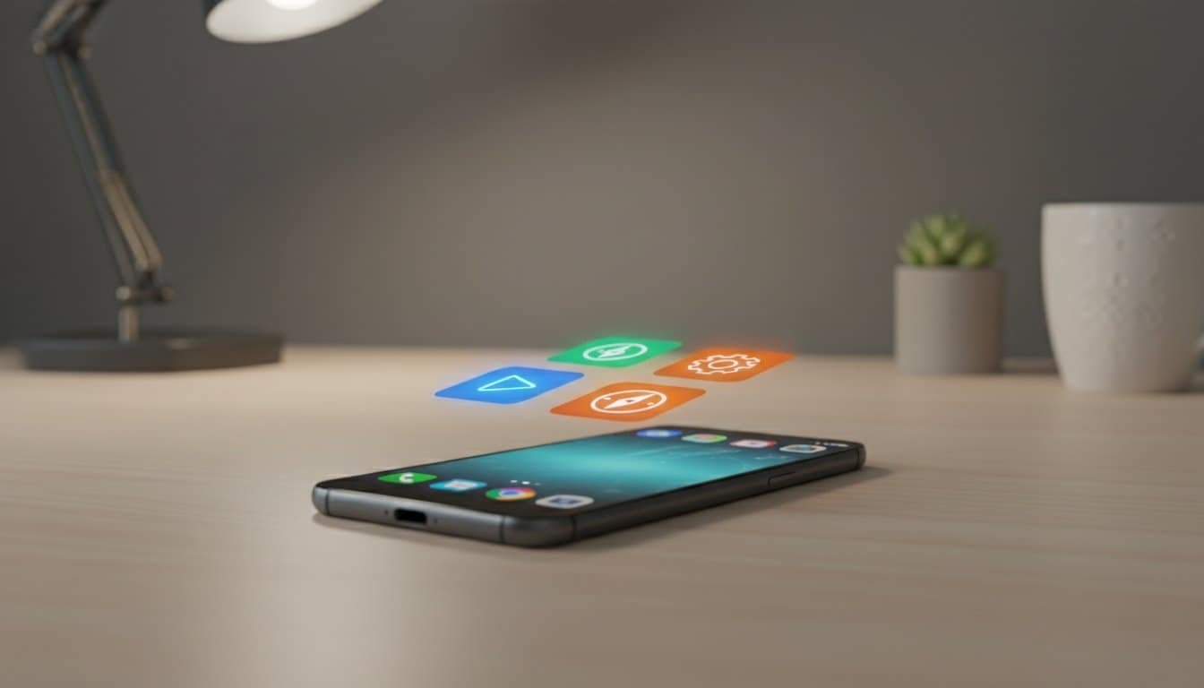 Designed to showcase mobile technology, app icons, and modern workspace environment, emphasizing mobile app development and digital tools.