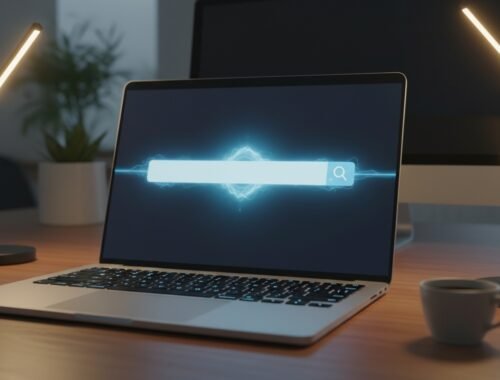 Brightly lit workspace with a sleek laptop displaying a glowing search bar on the screen, two modern desk lamps, a white coffee mug, and a potted plant in the background. Clean, minimalistic office setting.