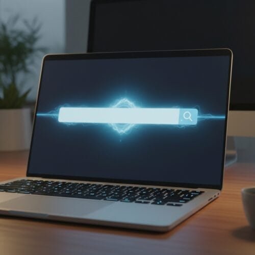 Google Ai Powered Search Engine Explained: How to Get Better Answers Faster Today 10 Brightly lit workspace with a sleek laptop displaying a glowing search bar on the screen, two modern desk lamps, a white coffee mug, and a potted plant in the background. Clean, minimalistic office setting.