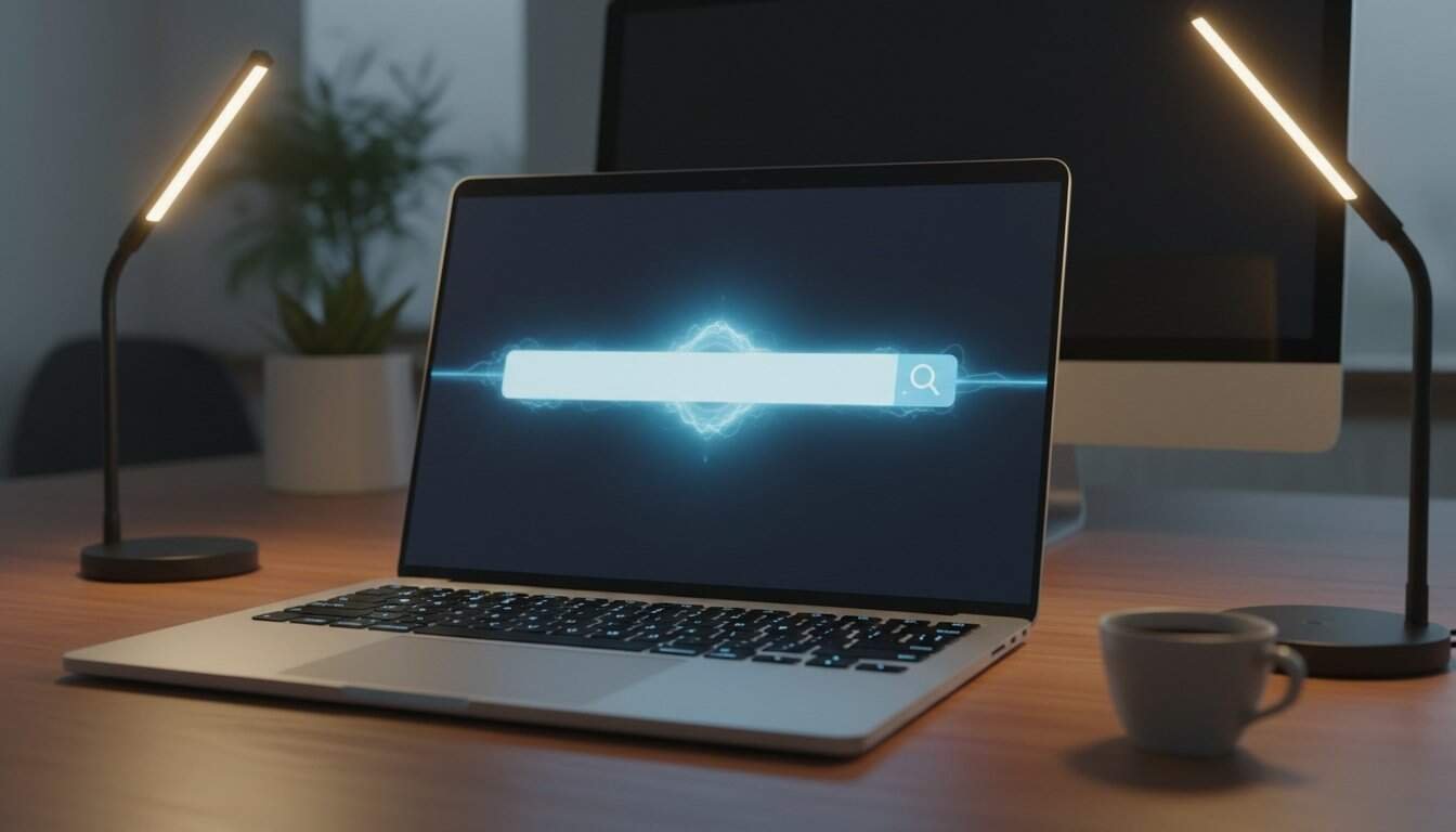 Brightly lit workspace with a sleek laptop displaying a glowing search bar on the screen, two modern desk lamps, a white coffee mug, and a potted plant in the background. Clean, minimalistic office setting.