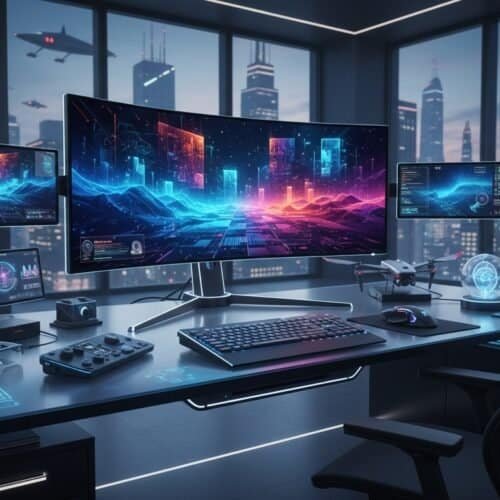 A high-tech workspace with multiple monitors displaying futuristic digital graphics, a drone on the desk, and a city skyline through large windows, showcasing cutting-edge digital technology setup.