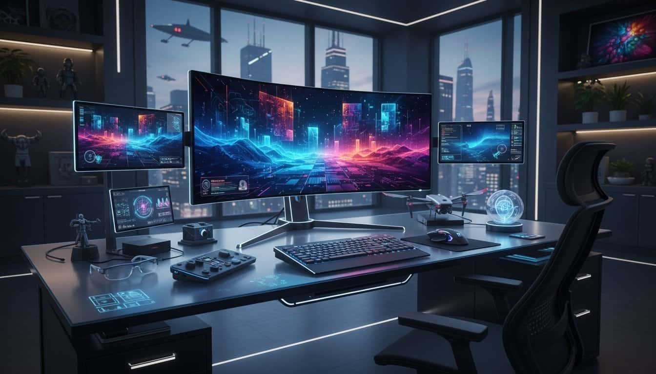 A high-tech workspace with multiple monitors displaying futuristic digital graphics, a drone on the desk, and a city skyline through large windows, showcasing cutting-edge digital technology setup.