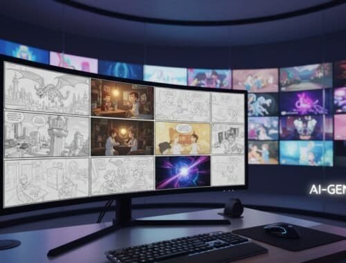A computer monitor displays a comic strip creation with sketches, colored pages, and digital effects, surrounded by a vibrant collage of animated scenes on curved screens in a high-tech studio.
