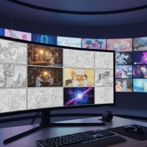 Google New AI Video Generator Is Wild—Here’s How to Storyboard and Get Crisp Output 6 A computer monitor displays a comic strip creation with sketches, colored pages, and digital effects, surrounded by a vibrant collage of animated scenes on curved screens in a high-tech studio.