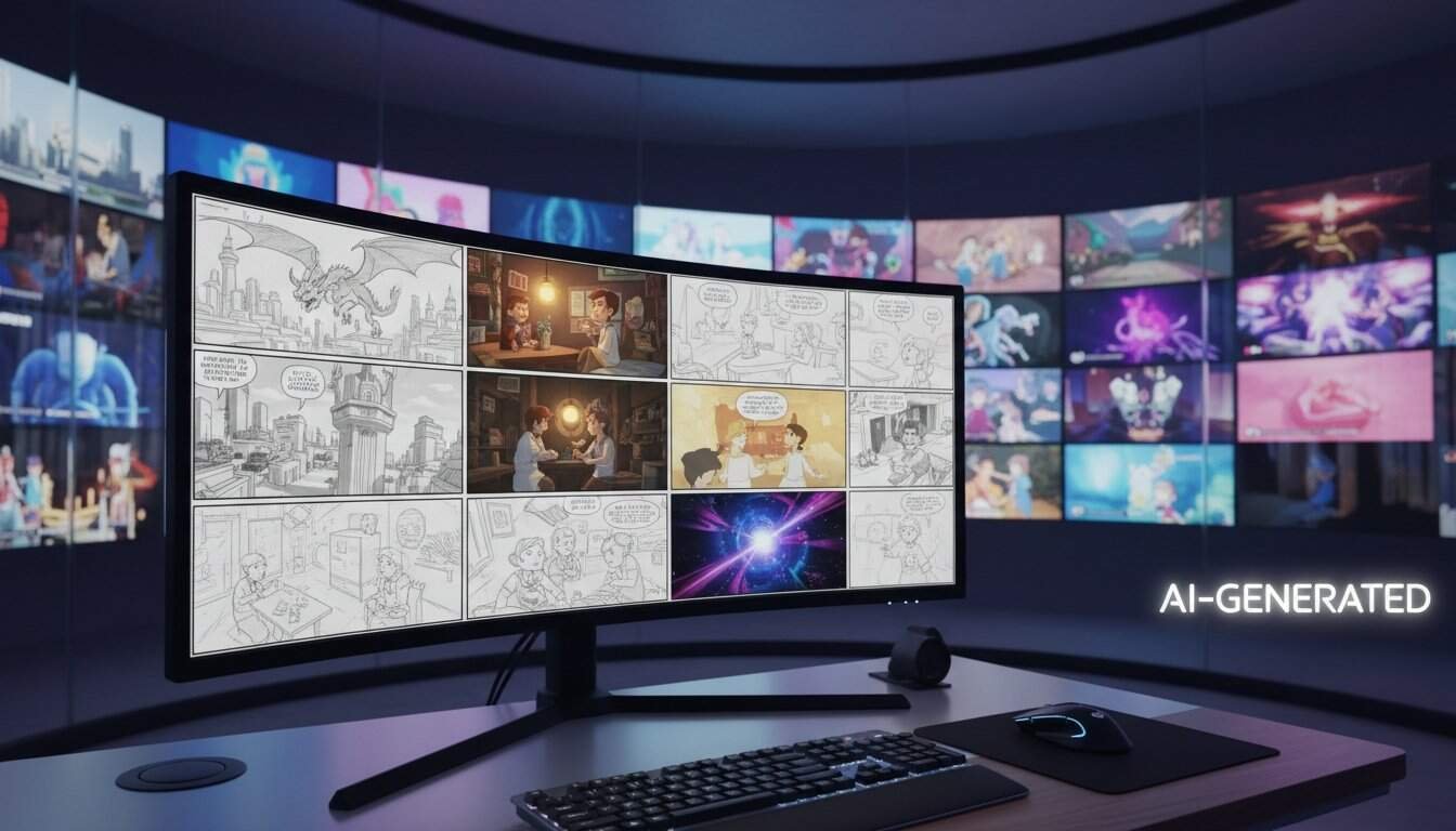 Google New AI Video Generator Is Wild—Here’s How to Storyboard and Get Crisp Output 1 A computer monitor displays a comic strip creation with sketches, colored pages, and digital effects, surrounded by a vibrant collage of animated scenes on curved screens in a high-tech studio.