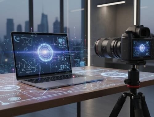High-tech laptop and camera setup for digital content creation and virtual production.