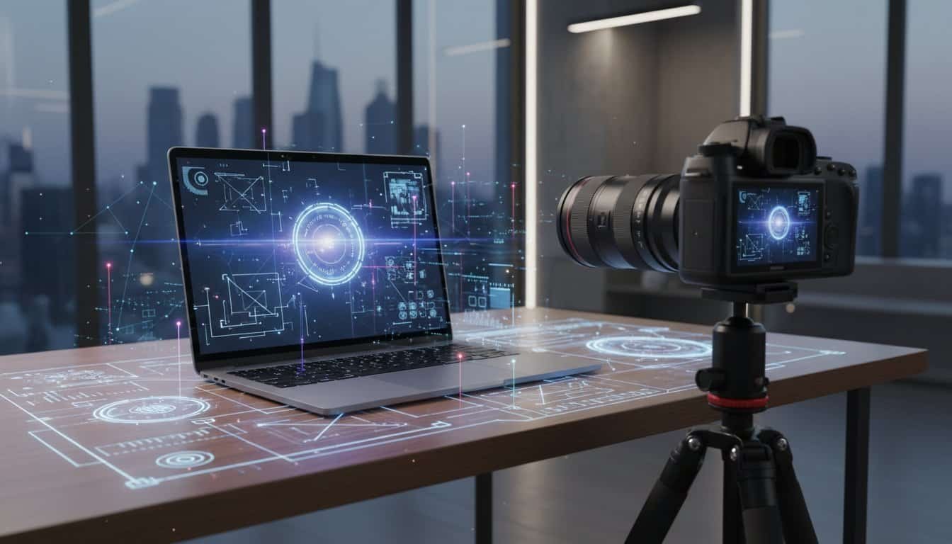 High-tech laptop and camera setup for digital content creation and virtual production.