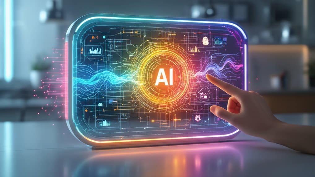 A futuristic digital interface showcasing artificial intelligence (AI) with vibrant, colorful holographic elements and data analytics visualizations, featuring a human hand interacting with the AI system.