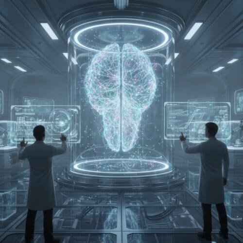High-tech scientists analyze virtual brain hologram in advanced laboratory setting for neuroscience or AI research.