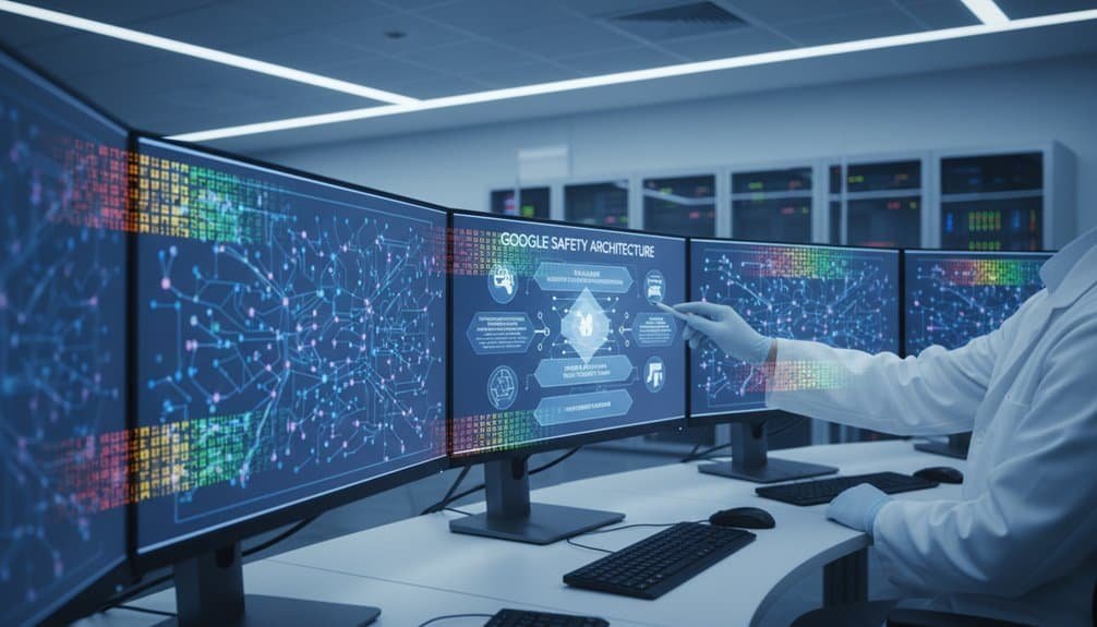 Google Image AI Safety Filters Explained—And How Creators Still Get Stunning Shots 2 Advanced cybersecurity monitoring with multiple screens displaying data visualizations and safety architecture to protect online platforms.