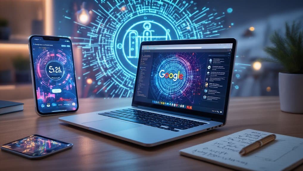 An innovative workspace with a laptop, smartphone, and tablet showcasing digital analytics and online tools, emphasizing digital marketing and web management.