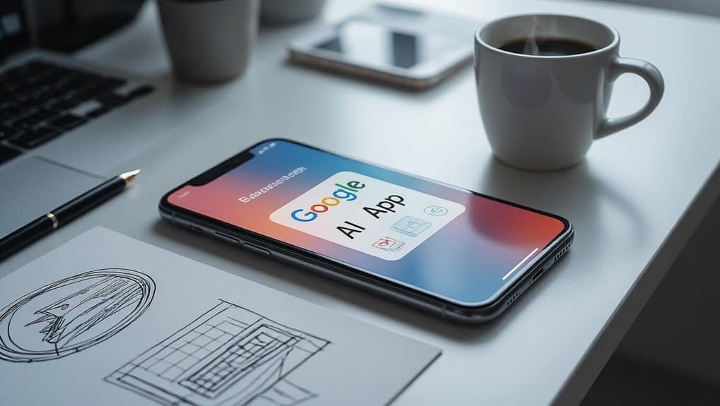 Smartphone displaying Google AI App on desk with sketches and coffee.