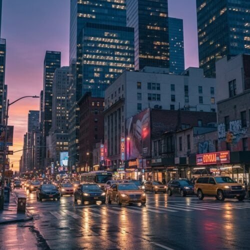 A bustling city street during sunset with high-rise buildings, illuminated signs, cars, and pedestrians, capturing the vibrant nightlife and city energy.
