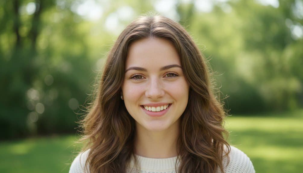 A young woman with long, wavy brown hair smiling with white teeth in a lush green outdoor park setting with blurred trees and sunlight in the background.