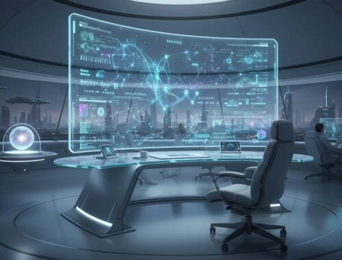High-tech office with holographic displays and advanced computer technology overlooking a sci-fi city skyline.