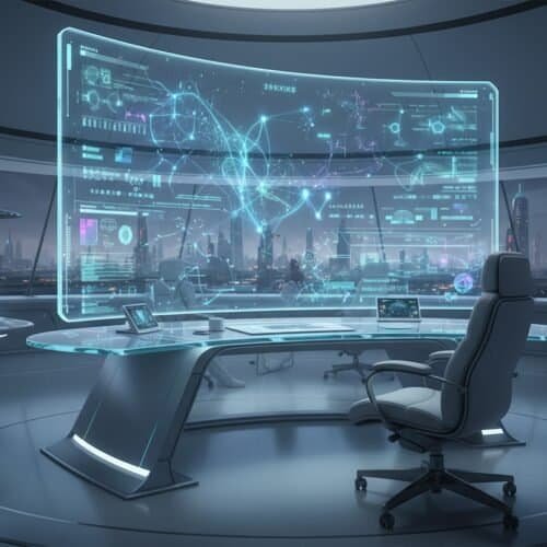 Google New AI Just Dropped: 7 Game-Changing Features You’Ll Actually Use This Week 6 High-tech office with holographic displays and advanced computer technology overlooking a sci-fi city skyline.