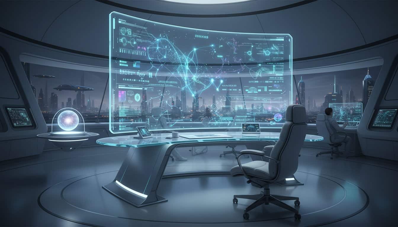 High-tech office with holographic displays and advanced computer technology overlooking a sci-fi city skyline.