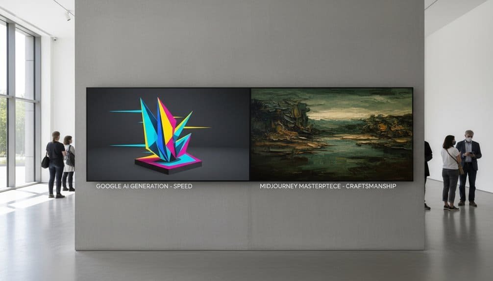 A modern art gallery displays a vibrant AI-generated digital artwork alongside a traditional landscape painting, with visitors exploring the exhibits in a minimalist, bright environment.