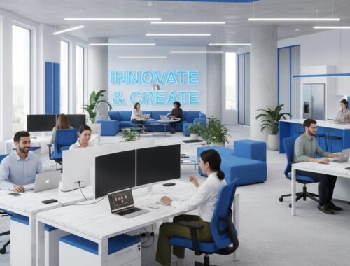 Bright modern office space with employees working at desks with computers, large windows, and a glowing neon sign saying "INNOVATE & CREATE" emphasizing innovation and collaboration.