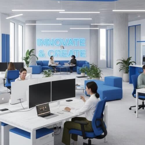 Why Google AI Platform Is the Hidden Growth Engine Startups Are Quietly Switching to Now 4 Bright modern office space with employees working at desks with computers, large windows, and a glowing neon sign saying "INNOVATE & CREATE" emphasizing innovation and collaboration.