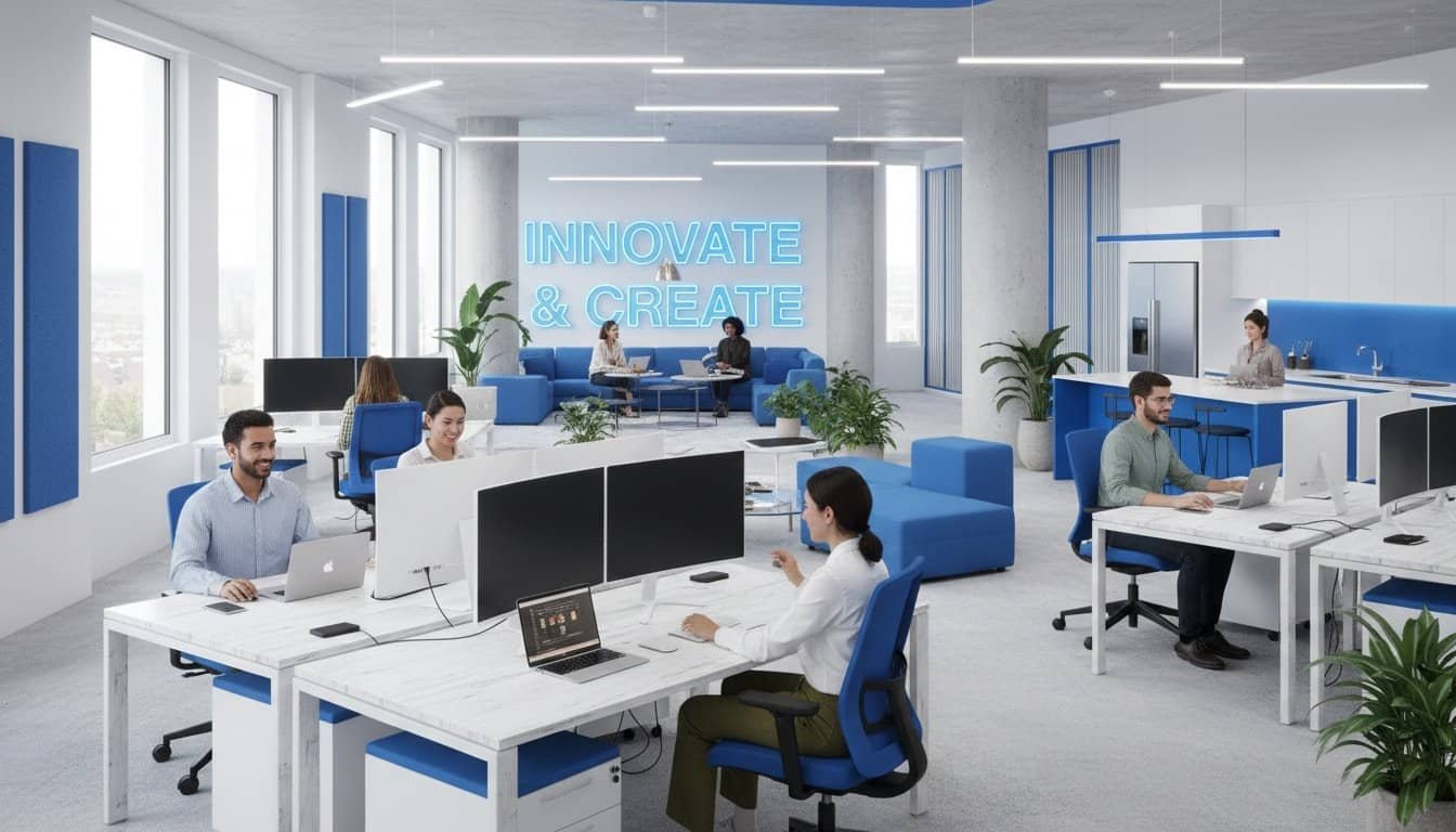 Bright modern office space with employees working at desks with computers, large windows, and a glowing neon sign saying "INNOVATE & CREATE" emphasizing innovation and collaboration.