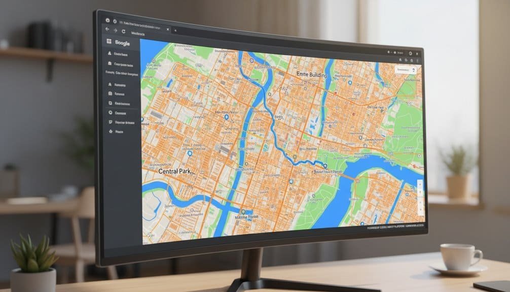 Detailed city map showing waterways, streets, and parks displayed on a desktop monitor, suitable for navigation and urban planning.