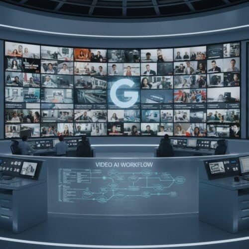 Google Video AI for Teams: Auto-Highlights, Transcripts, and Compliance in One Workflow 9 A high-tech command room featuring multiple screens displaying live video feeds, analytics, and data dashboards, illustrating advanced technology for monitoring and managing digital operations efficiently.