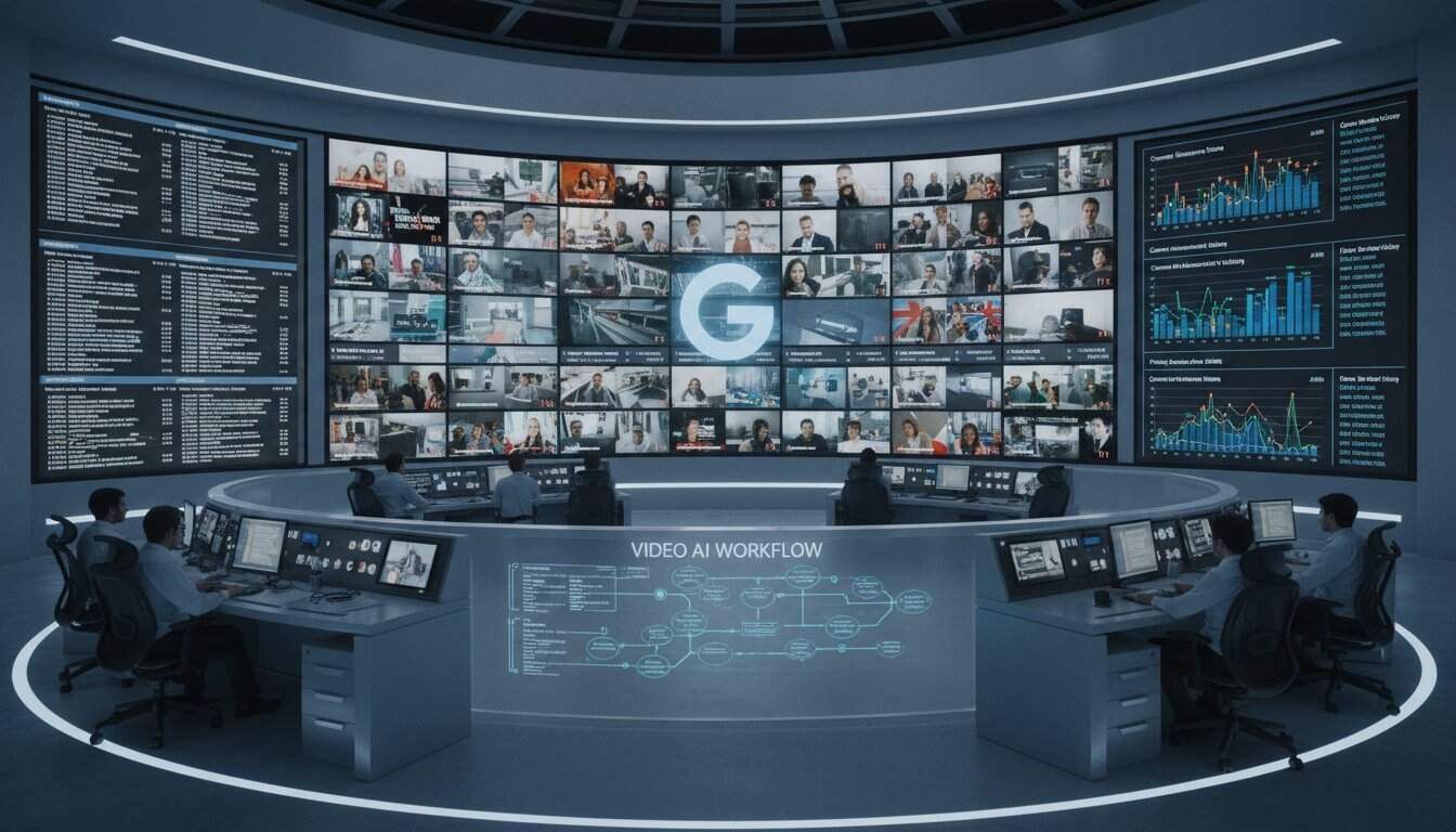 A high-tech command room featuring multiple screens displaying live video feeds, analytics, and data dashboards, illustrating advanced technology for monitoring and managing digital operations efficiently.