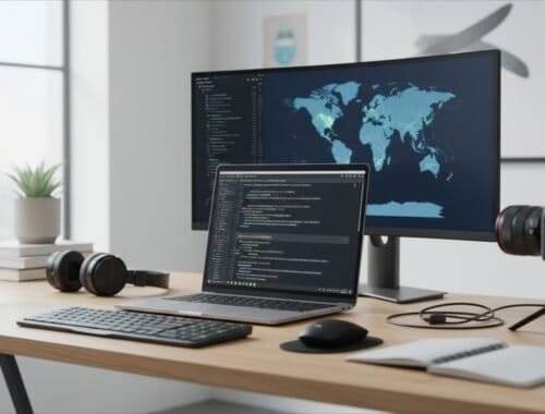 A modern workspace with dual monitors displaying coding and world map, featuring a laptop, camera, headphones, notebook, and plants on a clean desk setup.