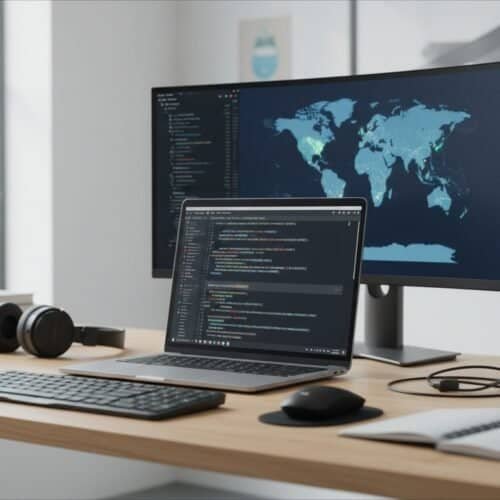 A modern workspace with dual monitors displaying coding and world map, featuring a laptop, camera, headphones, notebook, and plants on a clean desk setup.
