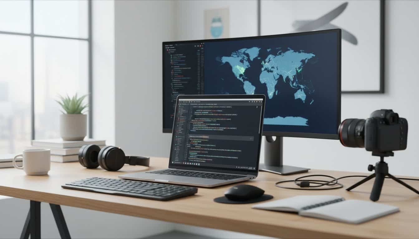 A modern workspace with dual monitors displaying coding and world map, featuring a laptop, camera, headphones, notebook, and plants on a clean desk setup.