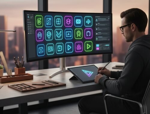A person working on digital icon design using a pen tablet and large monitor filled with neon-style icons, set in a modern office overlooking a city skyline.