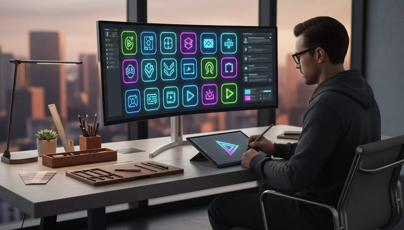 A person working on digital icon design using a pen tablet and large monitor filled with neon-style icons, set in a modern office overlooking a city skyline.