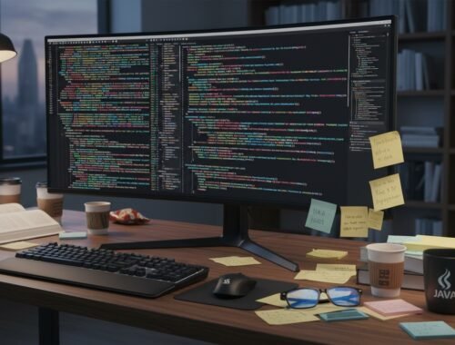 High-resolution coding workspace on a desk with dual monitors displaying colorful programming code, surrounded by coffee cups, sticky notes, glasses, and a keyboard, in a modern office setting with city view.
