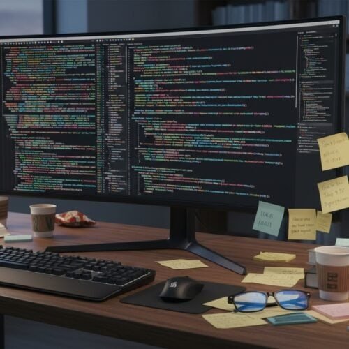 High-resolution coding workspace on a desk with dual monitors displaying colorful programming code, surrounded by coffee cups, sticky notes, glasses, and a keyboard, in a modern office setting with city view.