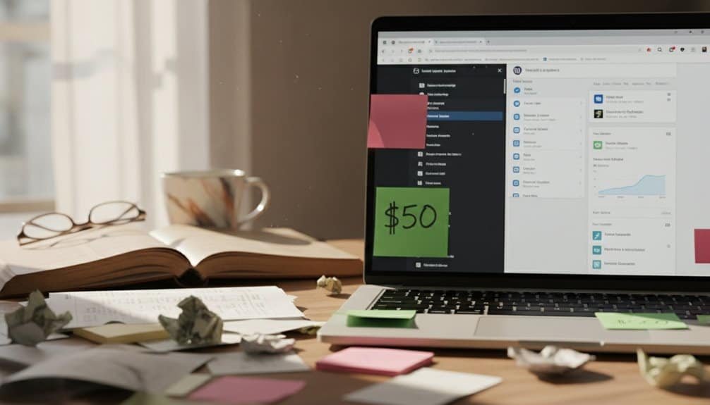 WordPress Monthly Plans: Why $50 Packages Are Secretly Dangerous 2 A cluttered workspace featuring an open laptop displaying project management software, scattered papers, crumpled sticky notes, an open notebook with reading glasses, and a mug, illustrating a busy and dynamic work environment.