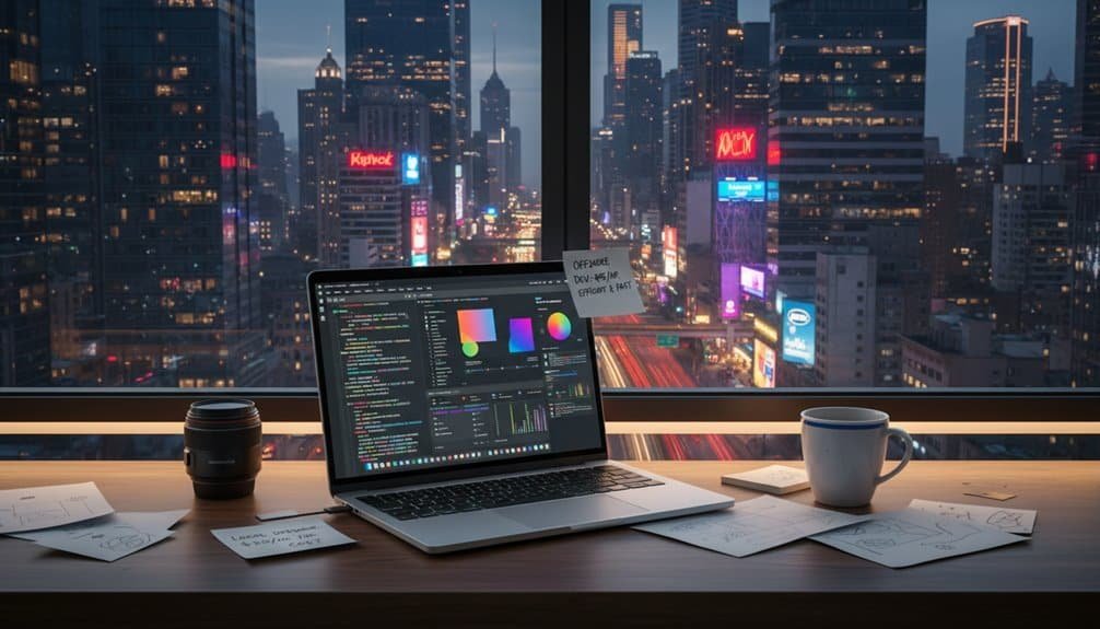 A nighttime cityscape with a laptop displaying coding and analytics, a coffee mug, and notes on a desk, highlighting essential website tools and products for digital success.