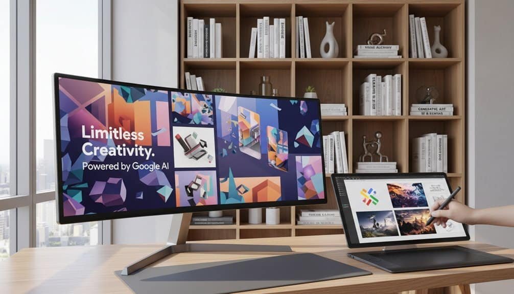 A modern workspace showcasing a dual-screen setup with digital creative tools, emphasizing AI-powered design and web development.