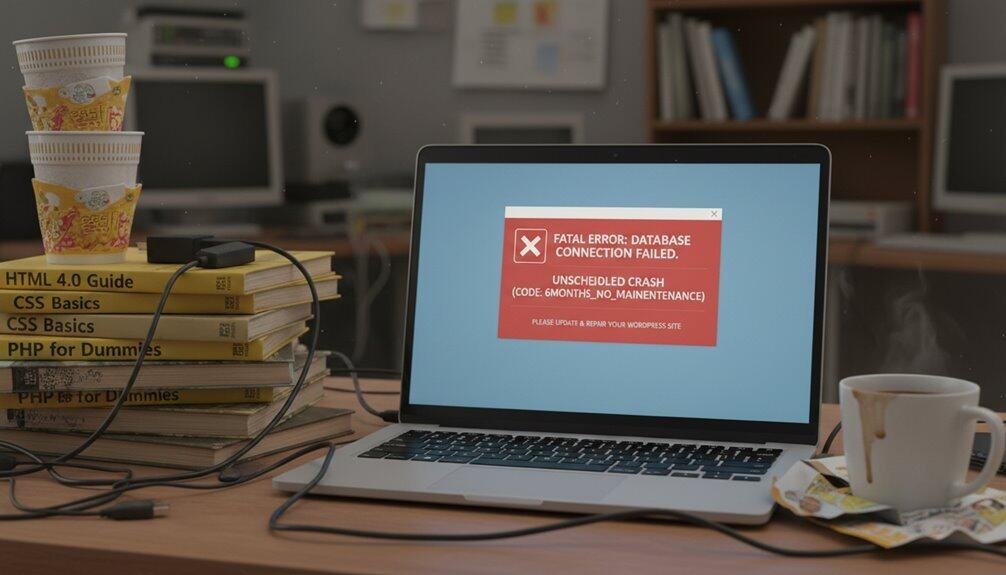Error message displayed on a laptop with technical books and coffee cups on a cluttered desk, illustrating website or server connection issues.