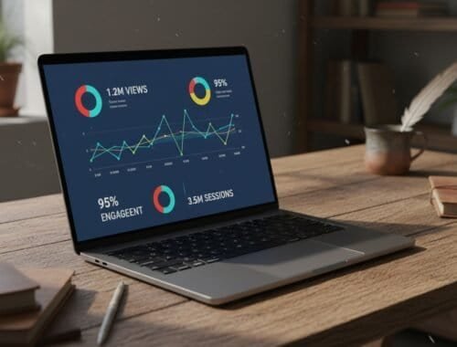 An image of a laptop displaying website analytics data, including graphs and charts with engagement metrics, on a wooden desk with books and plant in the background.