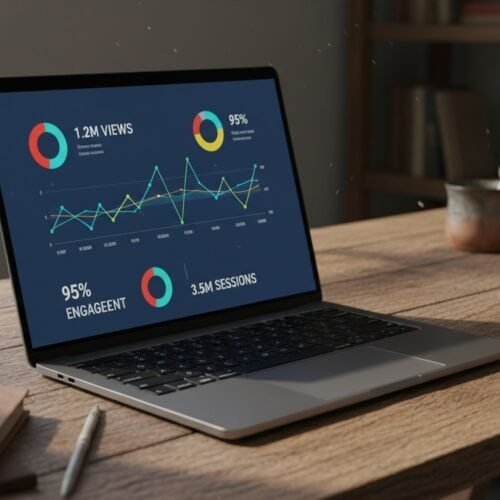 An image of a laptop displaying website analytics data, including graphs and charts with engagement metrics, on a wooden desk with books and plant in the background.