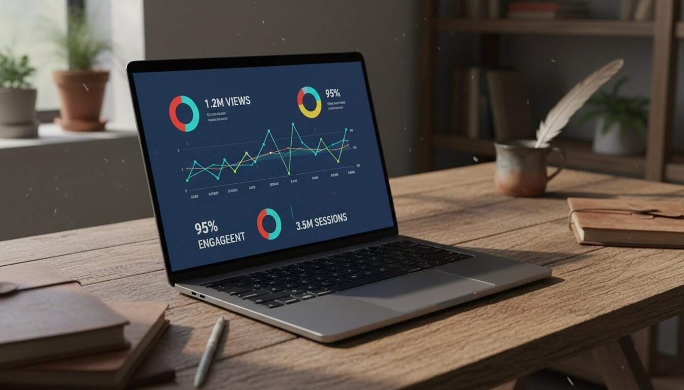 An image of a laptop displaying website analytics data, including graphs and charts with engagement metrics, on a wooden desk with books and plant in the background.