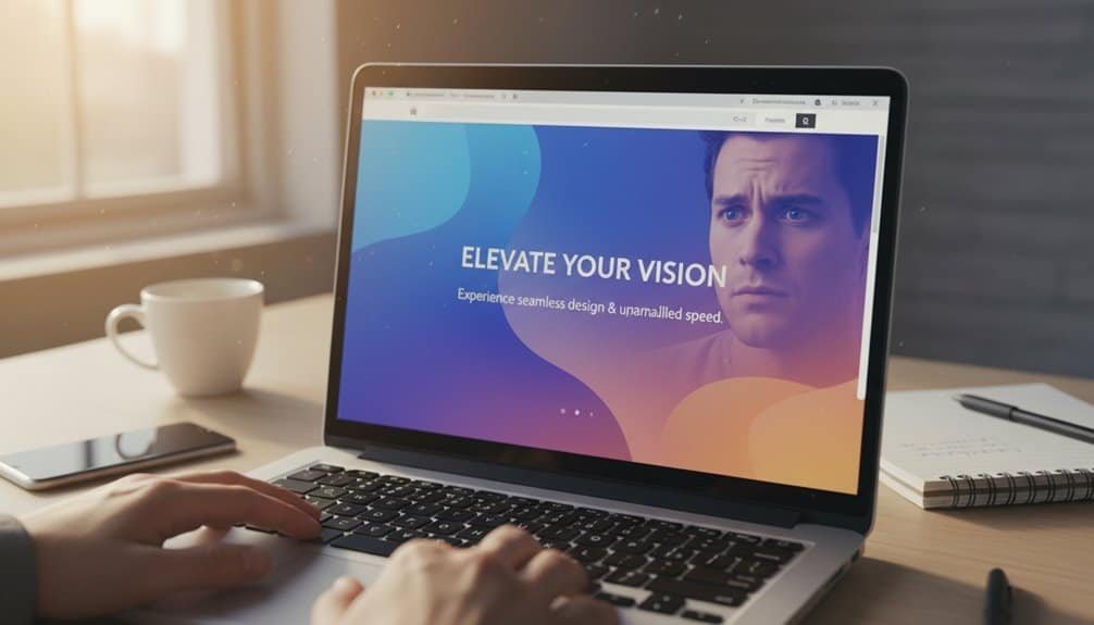 WordPress Design Agency Reveals: Why Beautiful Sites Fail Instantly 2 A person works on a laptop displaying a website with the message "ELEVATE YOUR VISION" to showcase seamless design and fast performance.