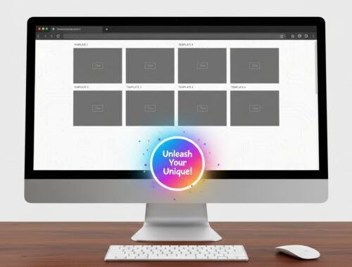 A sleek computer monitor showcasing a website template selection page with the colorful "Unleash Your Unique!" badge at the center, highlighting website design tools.