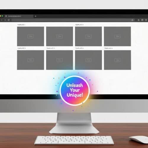 Custom WordPress Development: Why Templates Are Killing Conversions 2 A sleek computer monitor showcasing a website template selection page with the colorful "Unleash Your Unique!" badge at the center, highlighting website design tools.