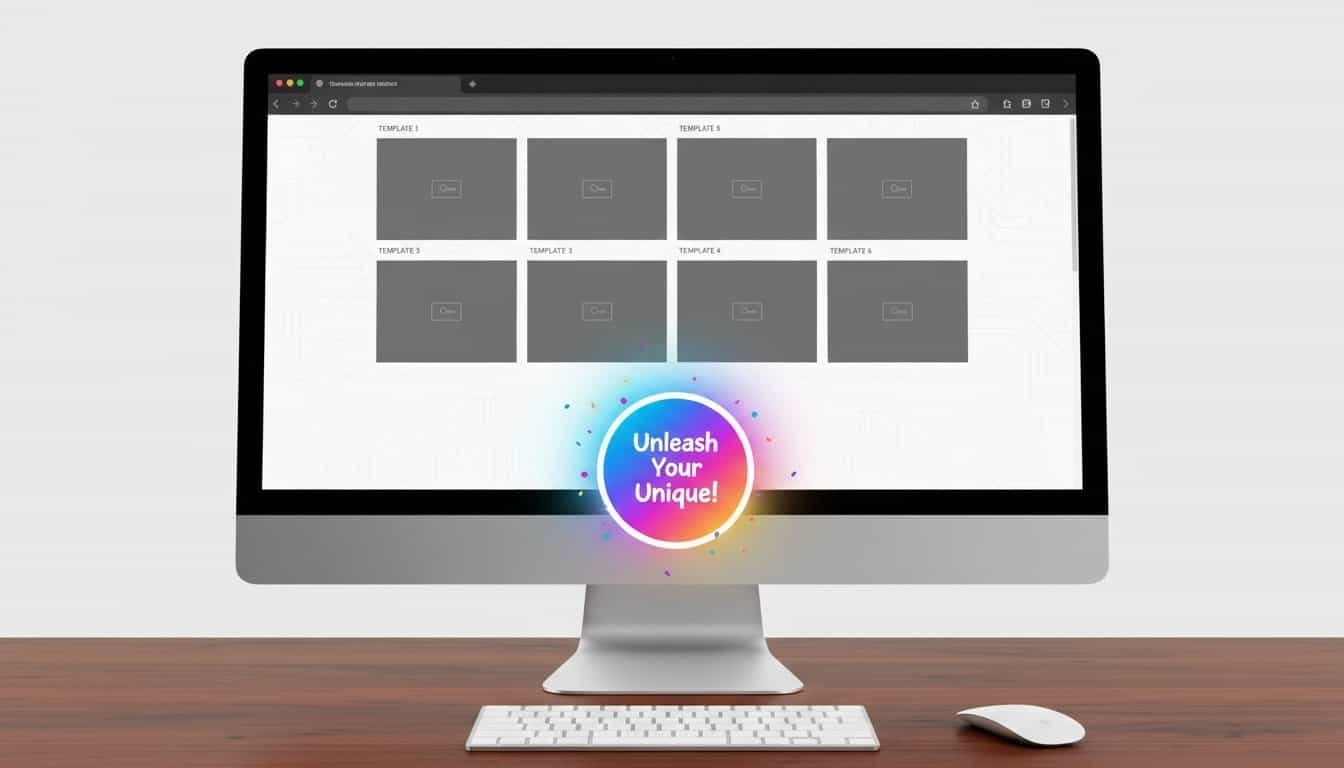 A sleek computer monitor showcasing a website template selection page with the colorful "Unleash Your Unique!" badge at the center, highlighting website design tools.